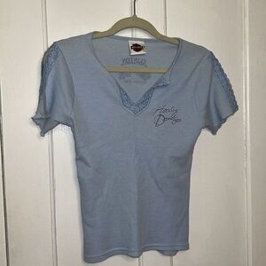 Harley-Davidson Baby Blue Lace Neckline Micro Ribbed Knit Babydoll Graphic Tee M
